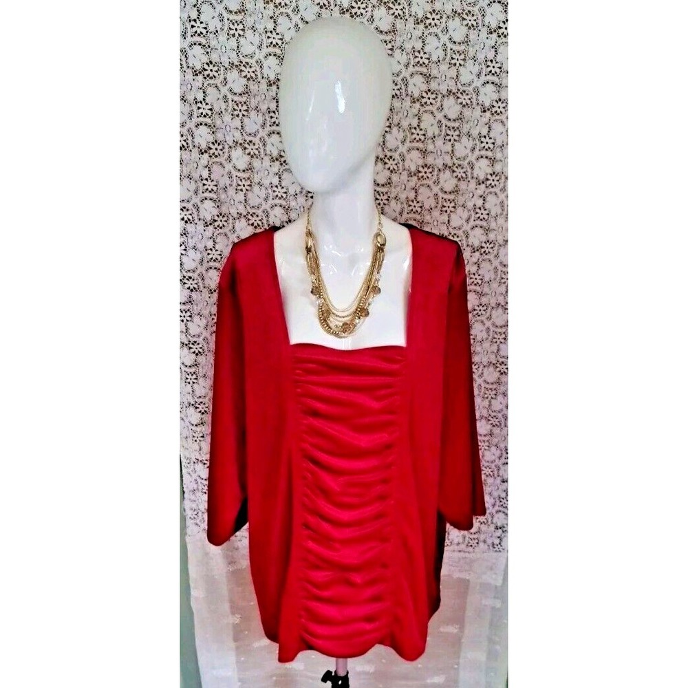 Avenue Wm's Tunic Top Red Velvet Plus Size 26/28 Square Neckline Ruched Front